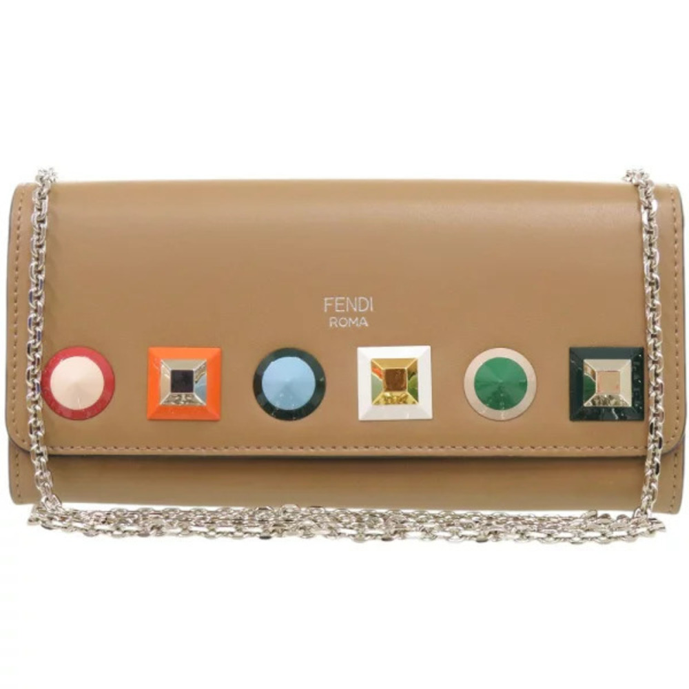 Fendi Chain Wallet Studs Leather Brown Long